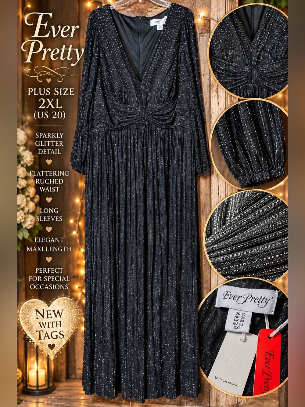 Ever-Pretty 2XL 20 Black Glitter Sparkle Formal Maxi Evening Gown NWT